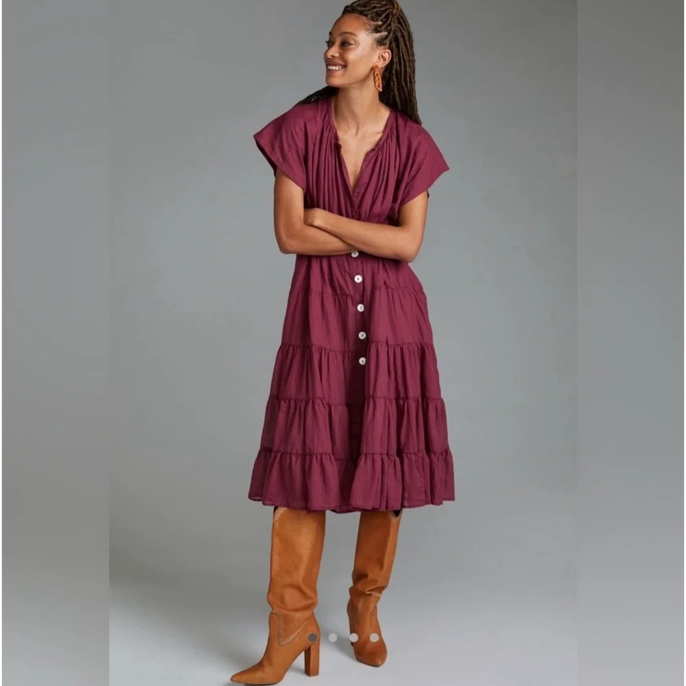 Erika Pena Rumba Midi Dress One Size Burgundy Boho Tiered Button Front Gauze